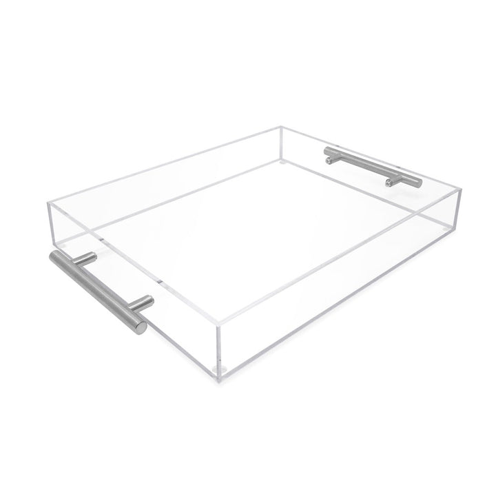 Isaac Jacobs Clear Acrylic Serving Tray with Metal Handles, Spill-Proof, Stackable Organizer, Space-Saver, Food &amp; Drinks Server, Indoors/Outdoors, Lucite Storage Décor &amp; More